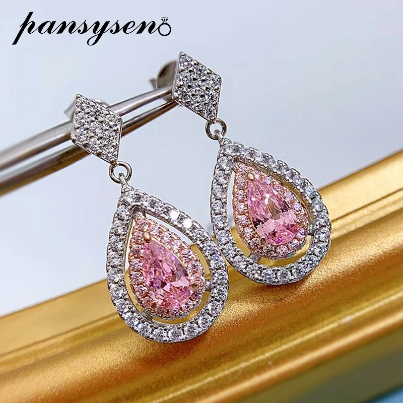 

PANSYSEN Luxury Solid Silver 925 Jewelry Pear Cut Sapphire High Carbon Diamond Dangle Drop Earrings Wedding Party Jewelry Gift