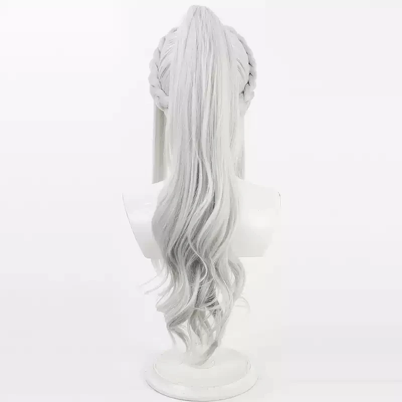 ゲーム運命 FGO クリムヒルト コスプレウィッグ 75 センチメートルロング波状シルバーホワイトポニーテール耐熱人工毛