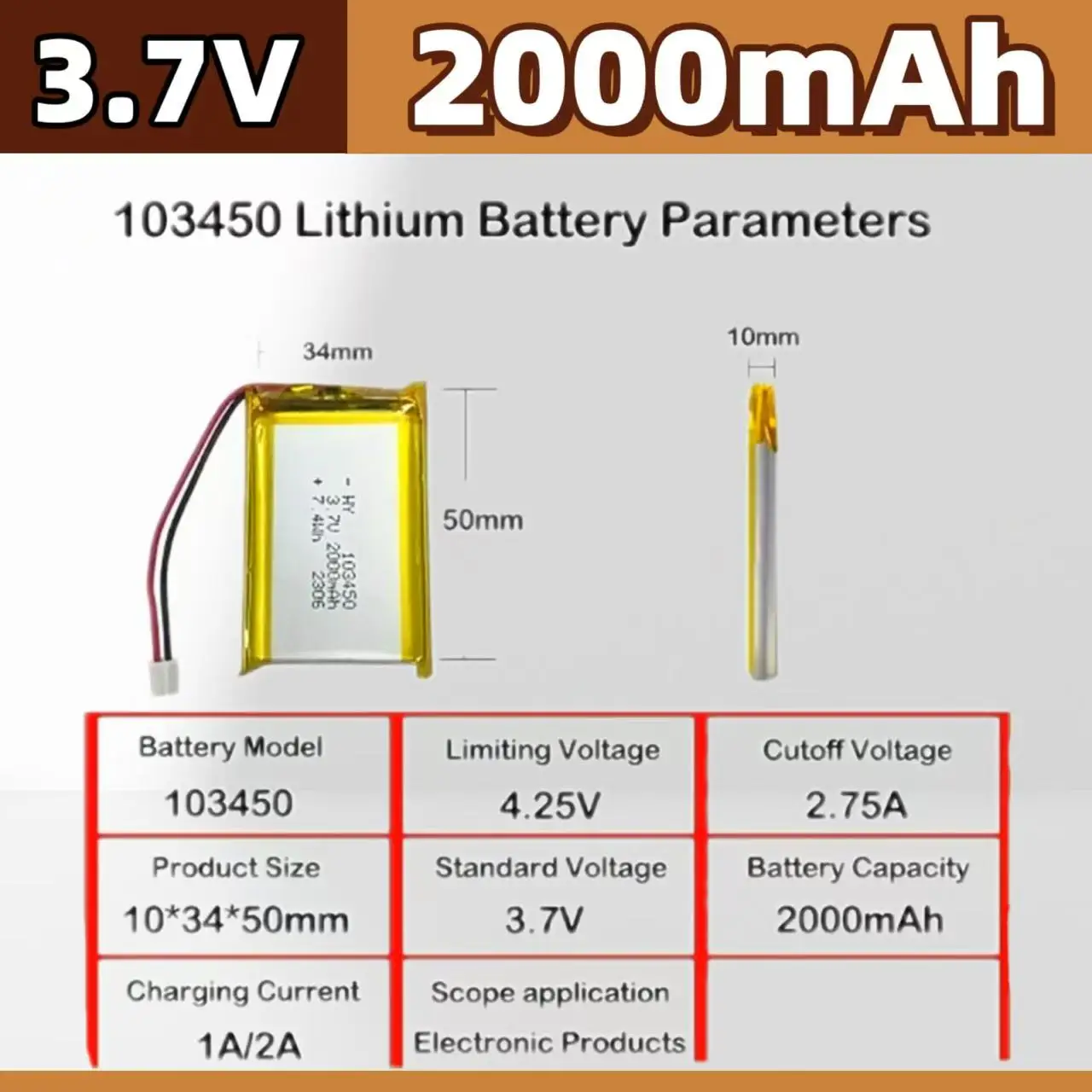 🐰 103450 3.7 فولت 2000 مللي أمبير بوليمر بطاريّة ليثيوم قابلة لإعادة الشحن PH 2.0 مللي متر 2pin التوصيل للكاميرا لتحديد المواقع الملاح MP5 قدرة #4