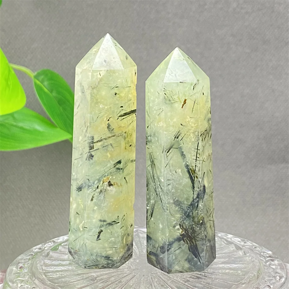 1PC Natural Green Grape Black Hair Crystal Tower Crystal Obelisk for Meditation Chakra Home Decor Magic Gemstone