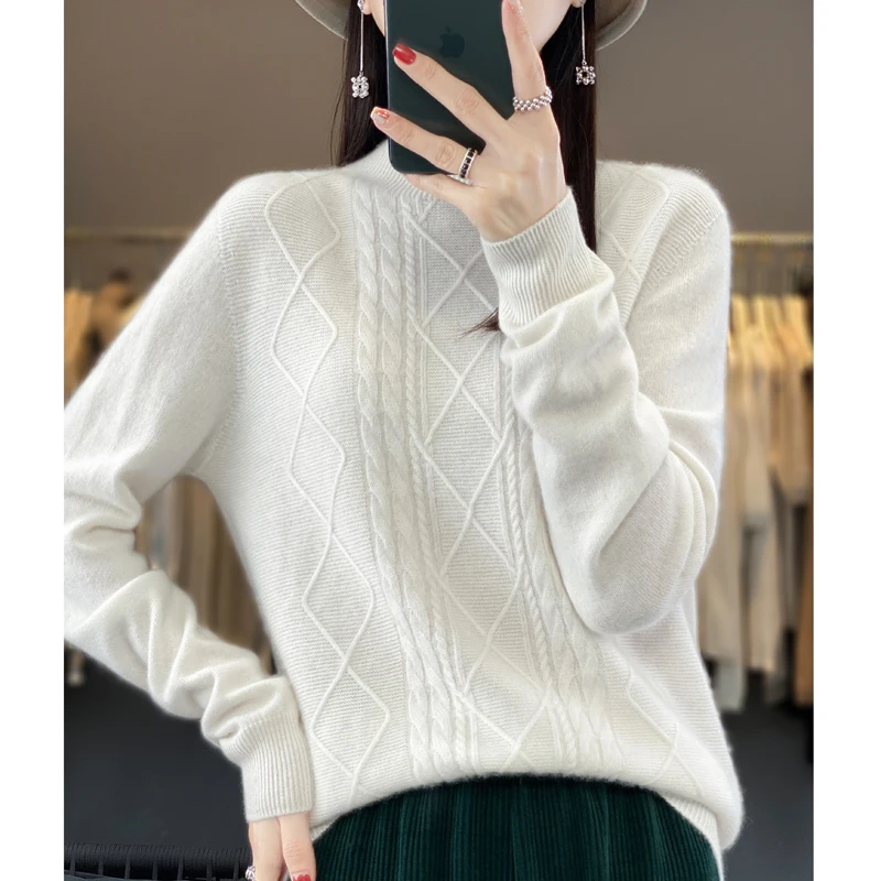 Autumn/Winter new cashmere sweater for women 100% Merino wool fashion semi-turtleneck warm lightweight jumper top