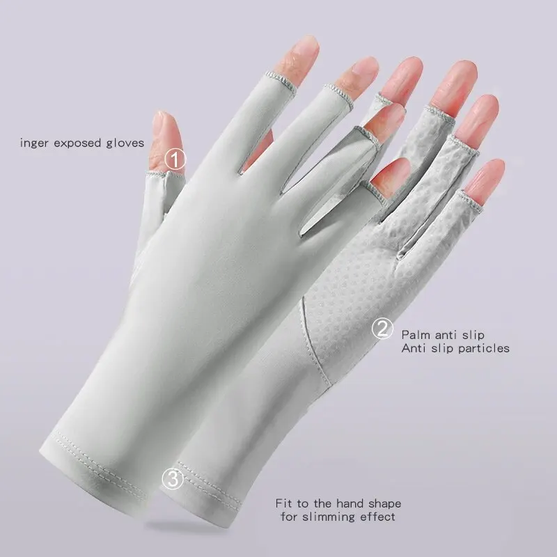 Summer Women\'s Sun Protection Gloves Uv Resistant Nail and Joint Anti Cocooning Ice Silk Thin Breathable Half Finger Gloves