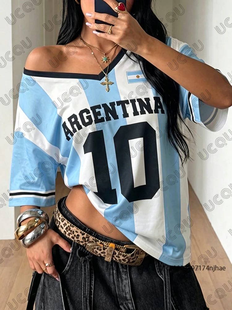 Summer New Stripe Argentina No.7 Print Women‘s Surfing T-Shirt V-Neck Sports Tees Football Jersey Y2K Loose Kids/Adult Tops view 5