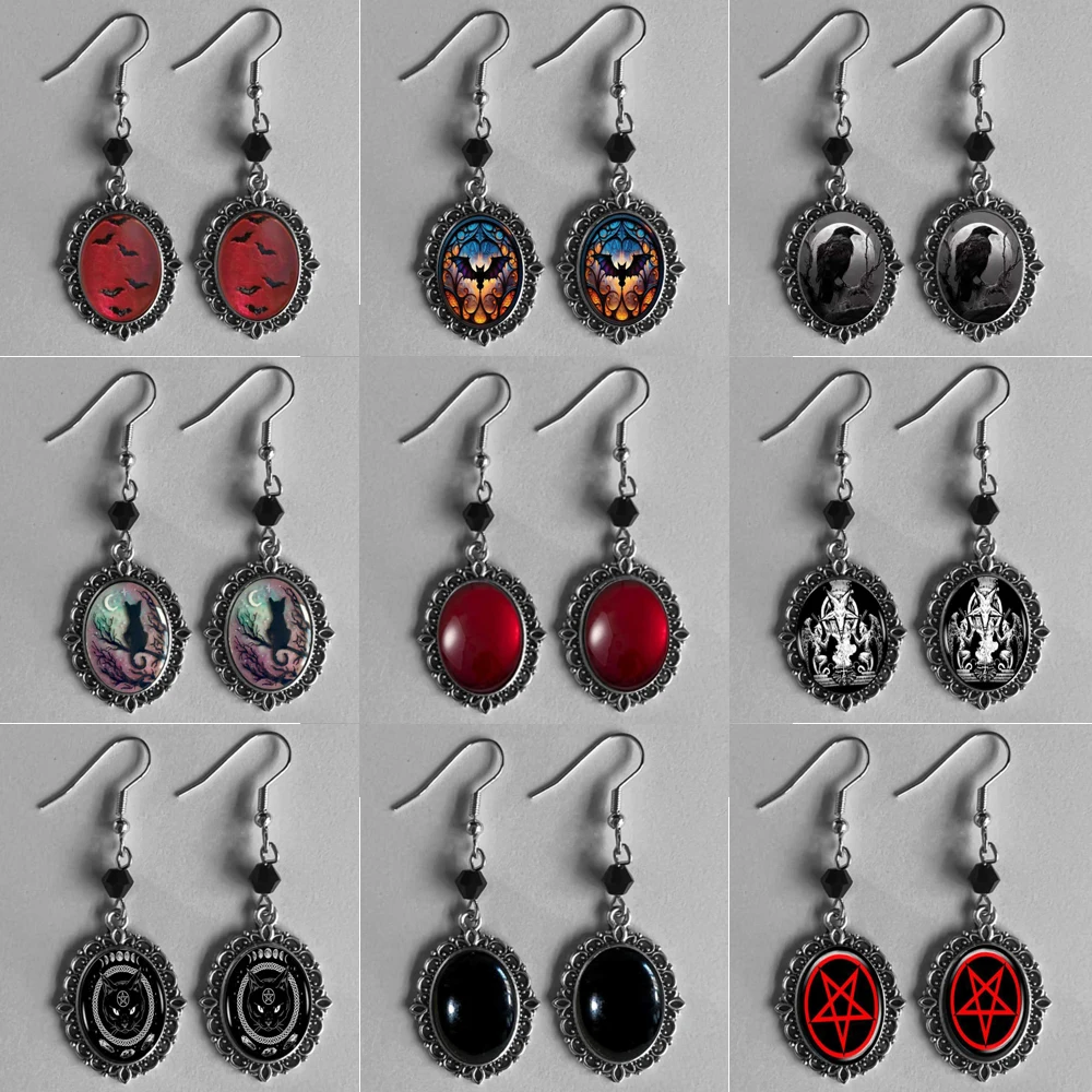 Gothic carved Cameo earrings,vampire bat,crows,cat,Satan,Pentagram，Witch, Victoria, relief, heresy, Cross, ear hooks For Women