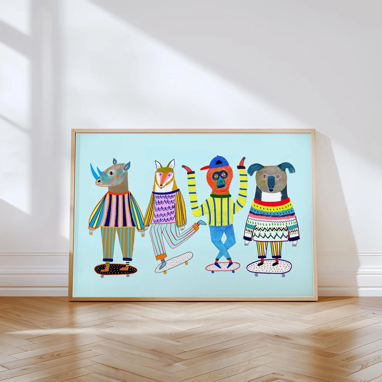 Skating Friends Art Print, Kids Wall Art, Gift for Children, Bright Colorful Prints, Nursery Decor, Boys Blue Poster Home Decor