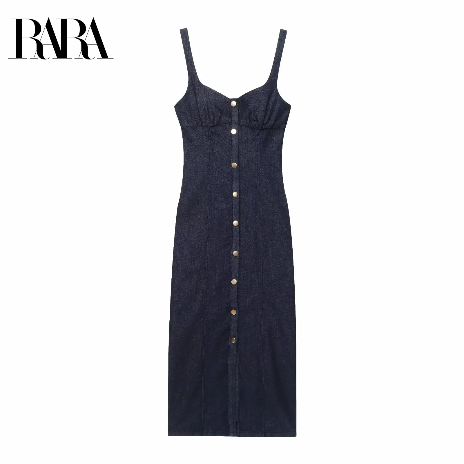 

RARA Womens Summer New Heart Neckline Sleeveless Wide Strap Casual Elegant Mid Length Straight Fitted Denim Dress