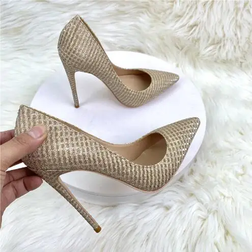 

Dark Gold Sequined Bling Pointed Toe Shallow Slip On 8 10 12 CM Super Stiletto Heels Pumps Sexy Women Banquet Dress Shoes Lady