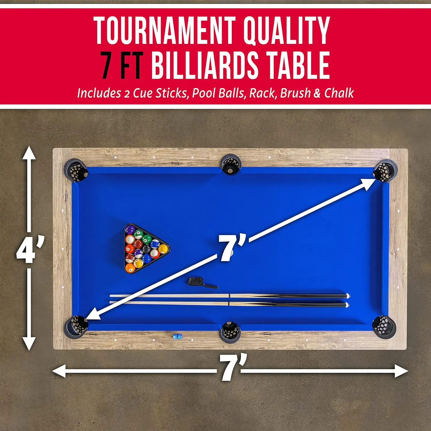 7 ft Pool Table with Wood Finish - Modern Billiards Table w/ 2 Cue Sticks, Balls, Rack, Felt Brush and Chalk 2025 NEW