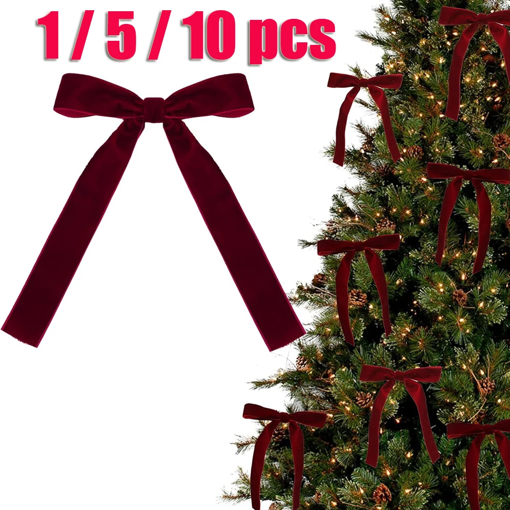 1 / 5 / 10pcs Burgundy Red Velvet Bows for Christmas Tree Decorations Wreath Garland Velvet Bows with Twist Tie