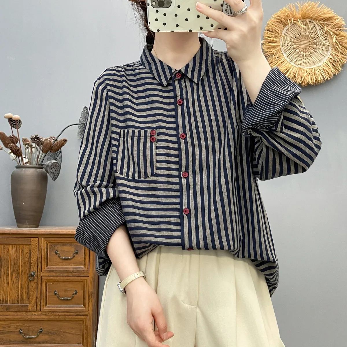 اليابانية خمر موري فتاة مخطط تي شيرتات قطن المرأة الخريف جديد رفض طوق كم طويل بلوزة فضفاضة غير رسمية بلايز