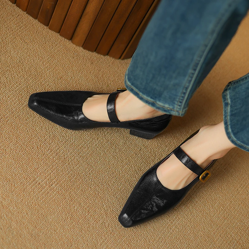 2024 New Women Pumps Genuine Leather Square Toe Buckle Strap Shoes Woman Thick Heels Spring Summer Basic Working Office Lady