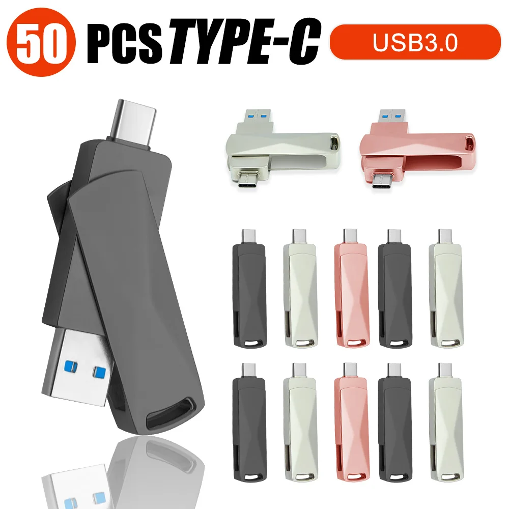 50PCS Dual-port Flash Drive OTG Type-C USB 3.0 U Disk 128GB 64GB Metal rotatable Memory Stick USB Pen Drive 32GB costomized logo