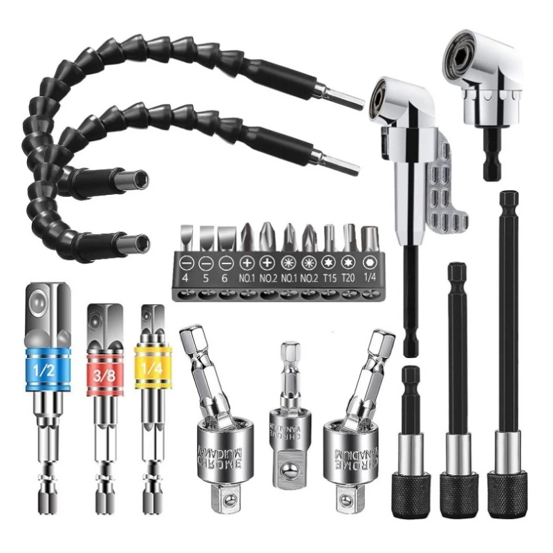 Flexible Drill Extension Hex Shank Drill Nut Driver Bit Set Bendable Drill Bit Extension+ScrewdriverBit+Universal Socket Adapter