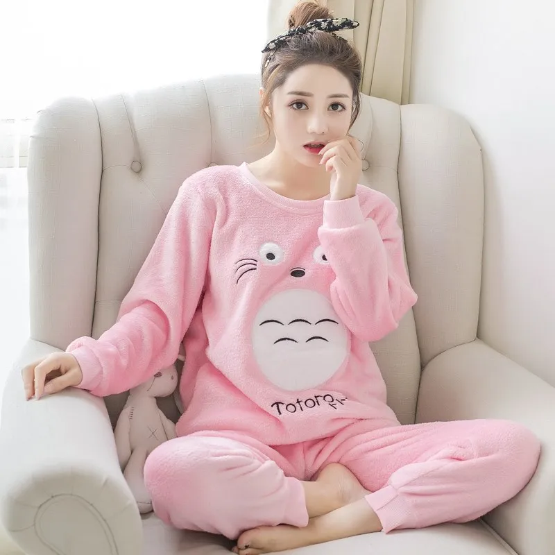 Women Pajamas Winter Long-sleeved Thickened Warm Face Cloth Coral Velvet Large Size Loose Home Clothing Padded Leisure Clothing