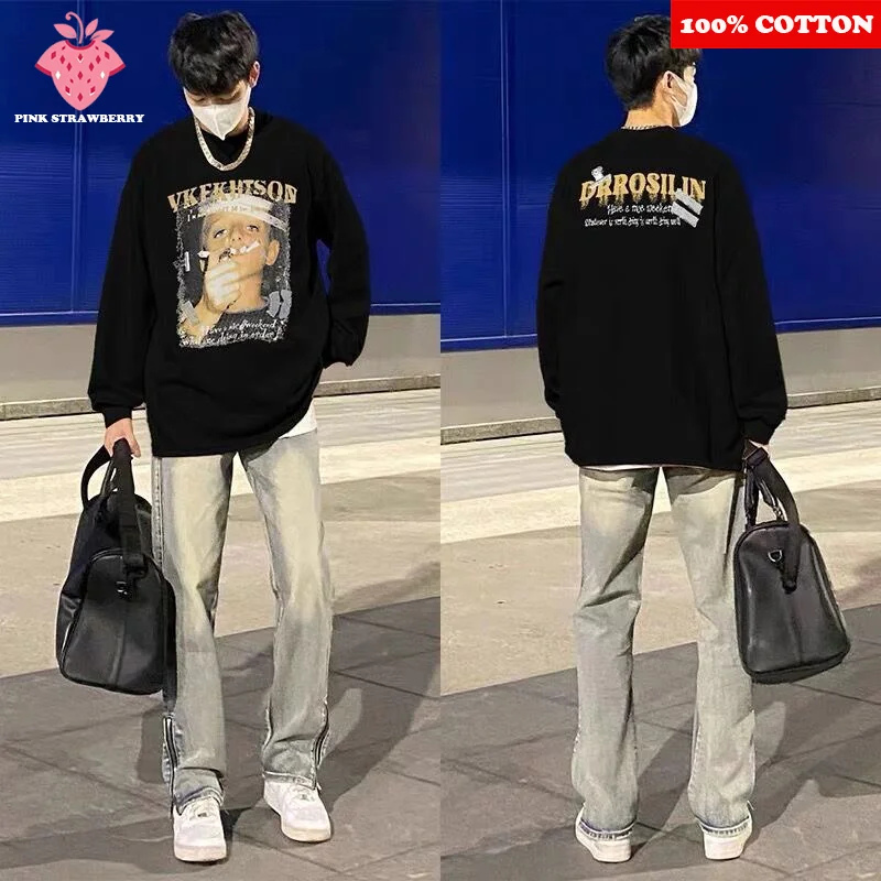 

American Street Boy Smoking Print T-shirt Men Autumn 2025 New 100% Cotton Long sleeves T-shirt Rock Sport Y2k Top Men clothes