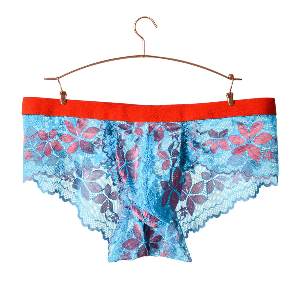 Men Lace Floral Print Briefs Underwear Translucent Sissy Sex Hip Wrap Lingerie  See‑Through Soft Elastic Intimate Panties