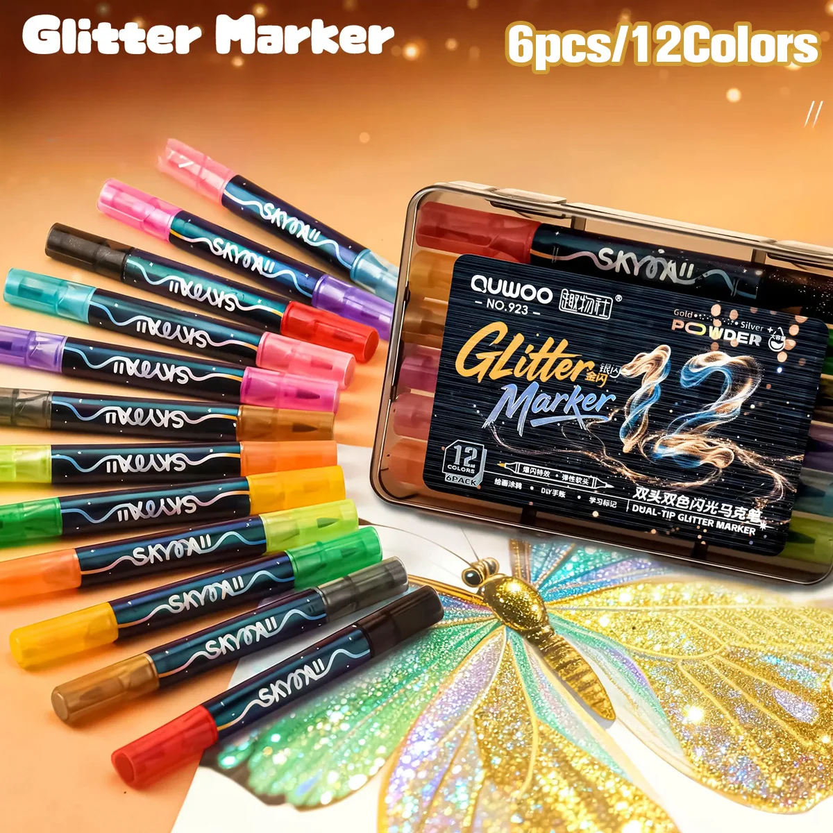 6-teiliges Farbiges Dual-Tip Metallic Glitter Marker Set Essenzielle Pinselspitzen für Karten, Geschenke & Dekoration Perfekt für Künstler & Journaling A7975