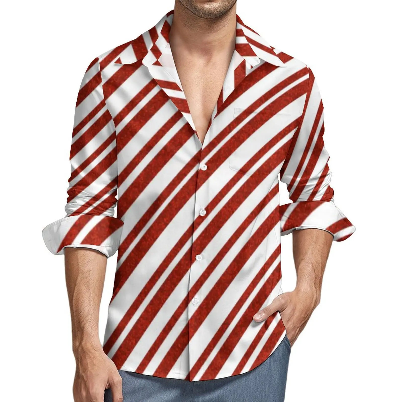 Red And White Line Casual Shirts Male Candy Cane Stripe Shirt Long Sleeve Fashion Street Style Blouses Autumn Clothes Large Size