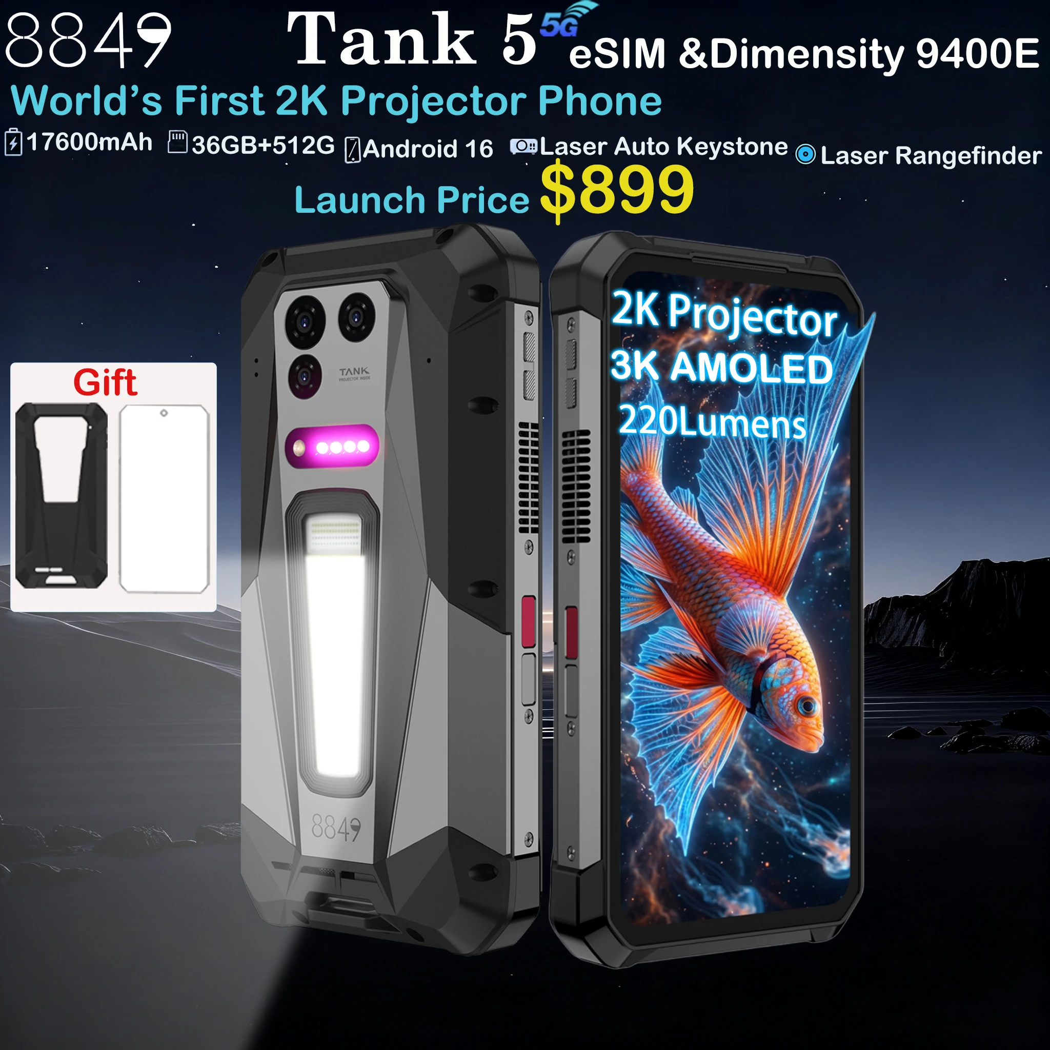 8849 TANK 5 Unihertz 2K Projector Rugged Smartphone eSIM AI Dimensity 9400e 3K AMOLED 17600mAh 220Lumens 18GB+512GB WiFi 7 NFC