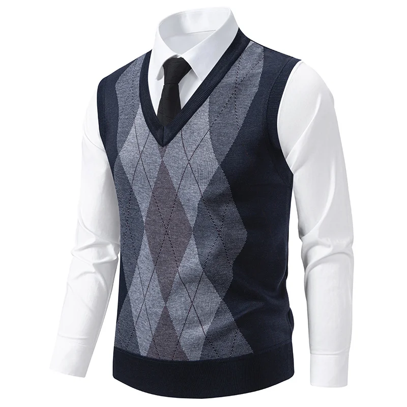 Autumn Winter New Arrival Cardigan Sleeveless Sweater Men Inner Wear Warm Slim Fit Knitwear Fashion Argyle Pattern Vest Coat