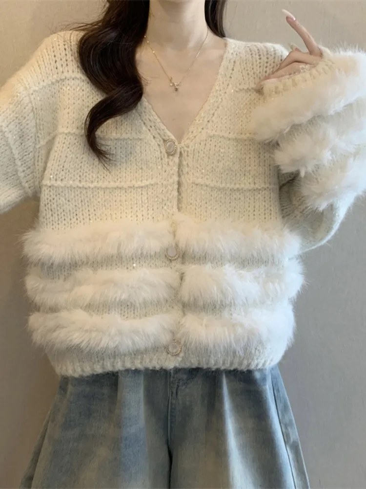 Thiened calor brilhante lantejoulas v-ne camisola de malha casaco feminino inverno outerwear macio e confortável longo sve cardigan