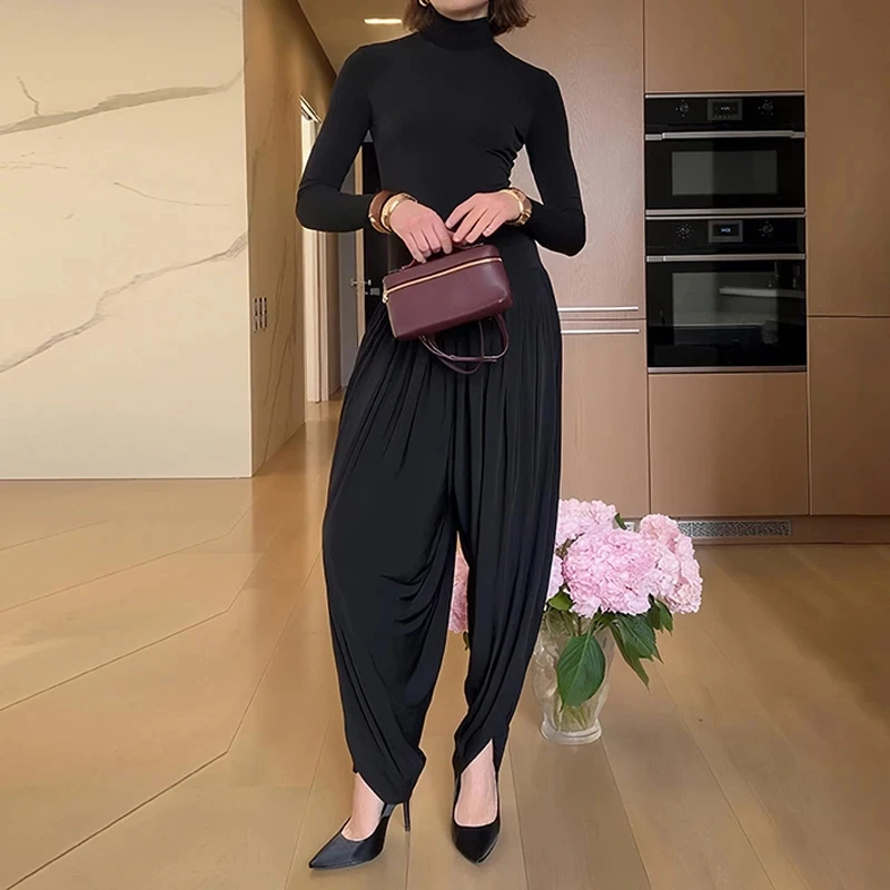 

Casual Lady Pleat New High Waist Romper Temperament Turtleneck Solid Color Jumpsuits Fashion Slim Long Sleeve Playsuits Overalls