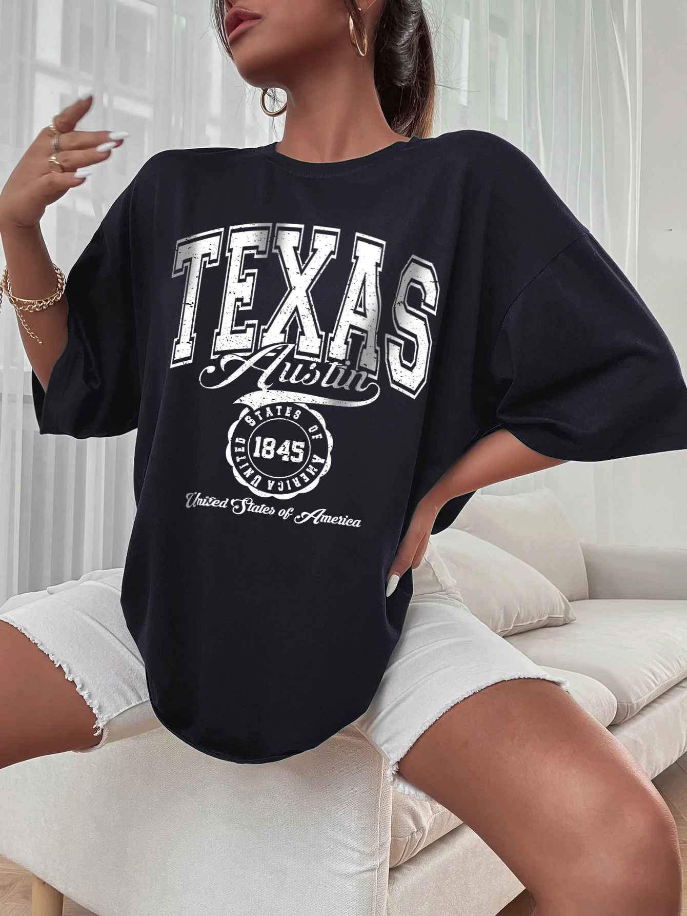 Texas Austin States Of America United 1845 Cotton T-Shirts Aesthetic Loose Tee Top Oversized Casual T-Shirt Vintage Soft T-Shirt