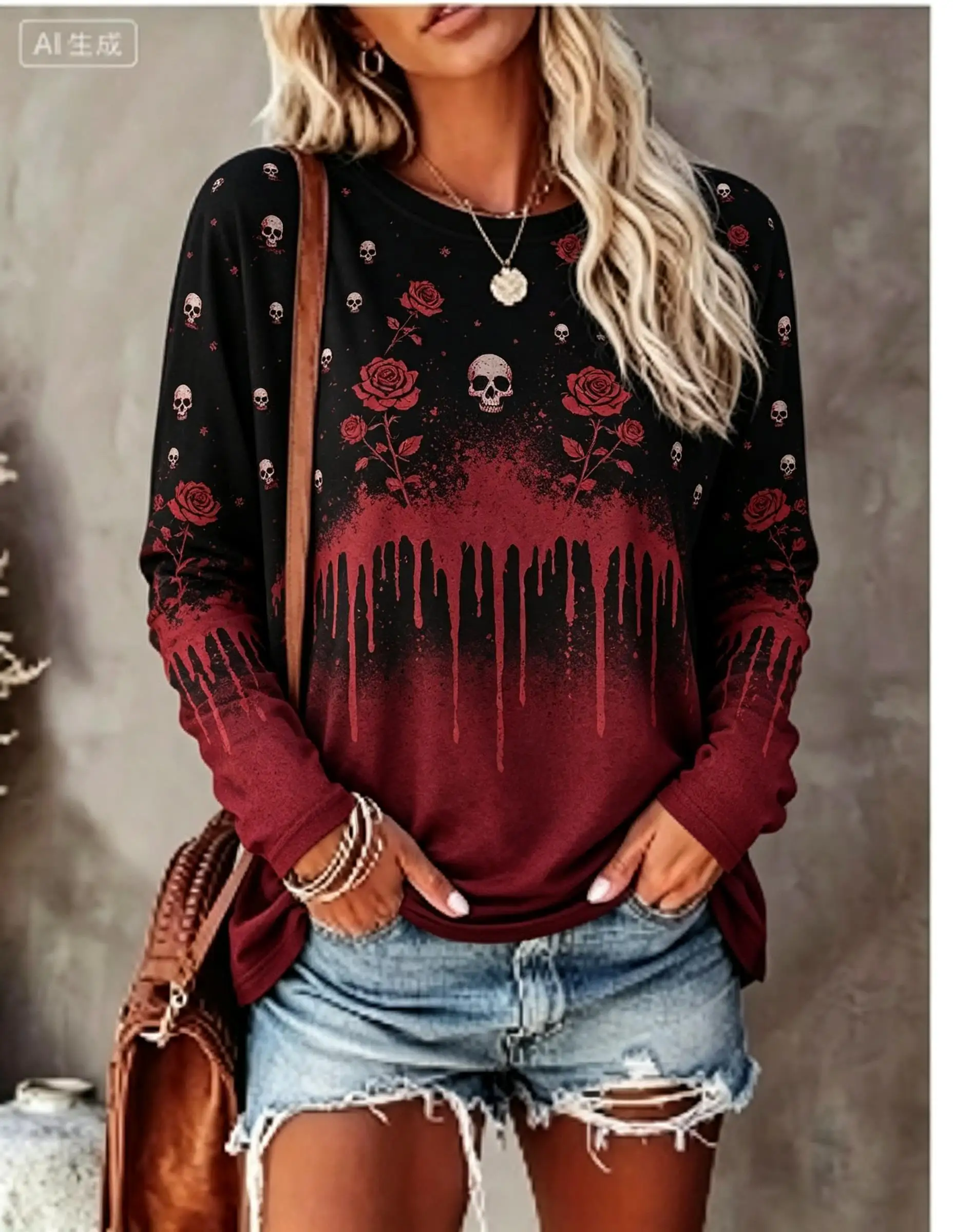 Women Halloween Long Sleeve T‑Shirt Bat Spider Web Drip Gradient Gothic Print Crew Neck Fall Tops