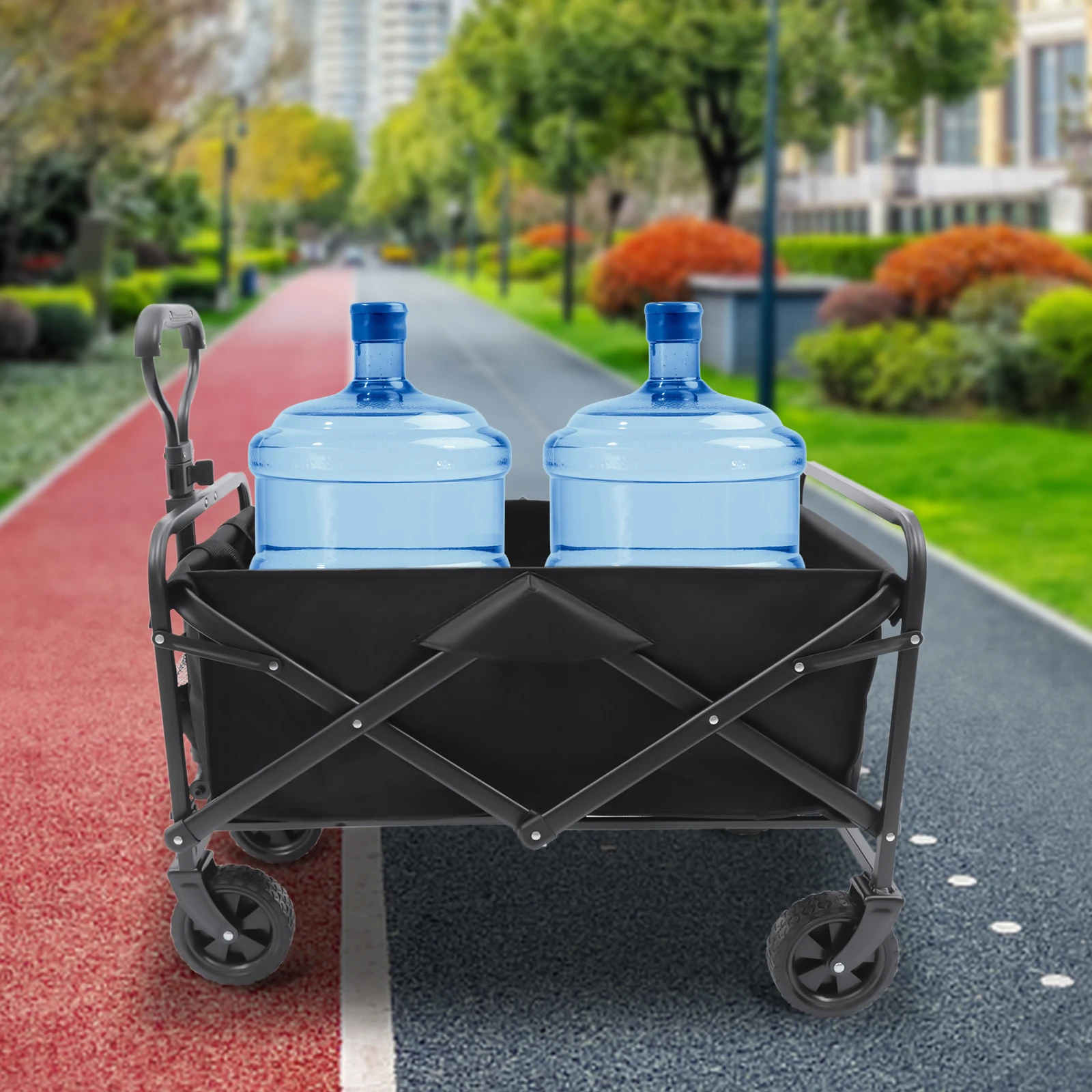

Folding Wagon Garden Cart Handle Adjustable Beach Wagon with 2 Cup Holders for Shopping Camping