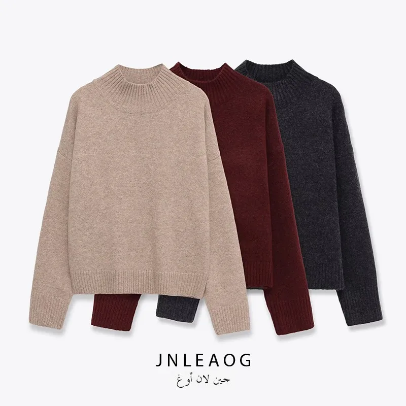 Fashionable Soft Stand Collar Knitted Sweater JNLEAOG Women's Autumn New Style Polyester Fiber Long Sleeve Warm Outerwear