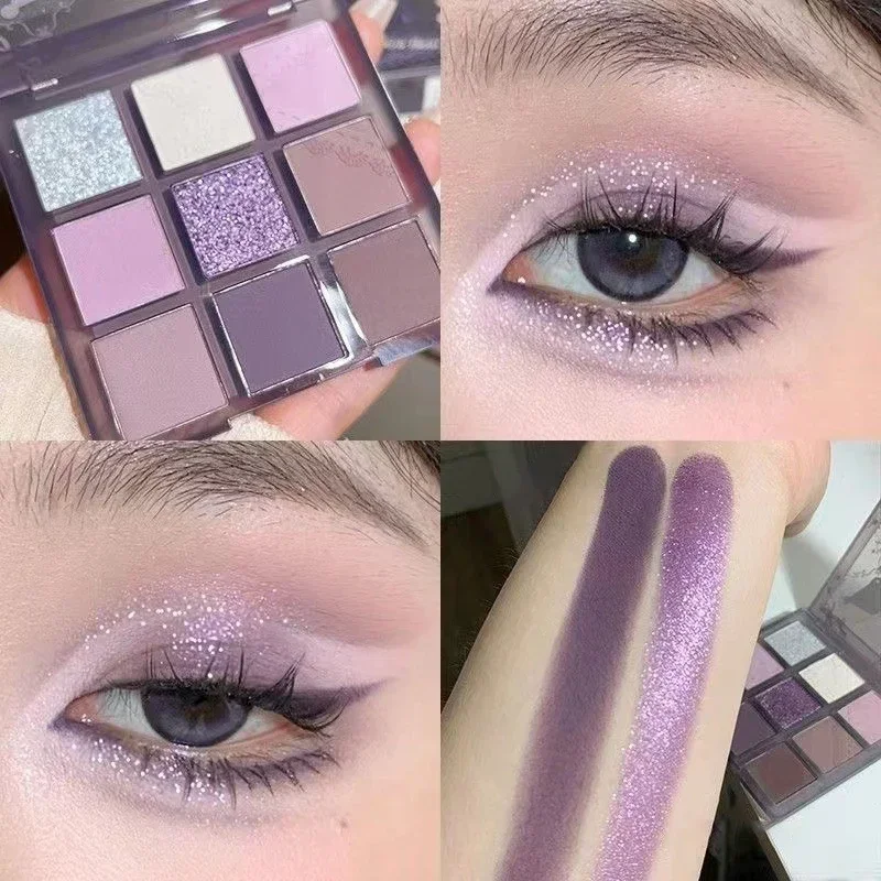 Heallor Pearlescent Matte Grey Purple Eye Shadow Punk Smoke Purple 9 Colors Eyeshadow Palette Makeup Palette Glitter Eye Pigment