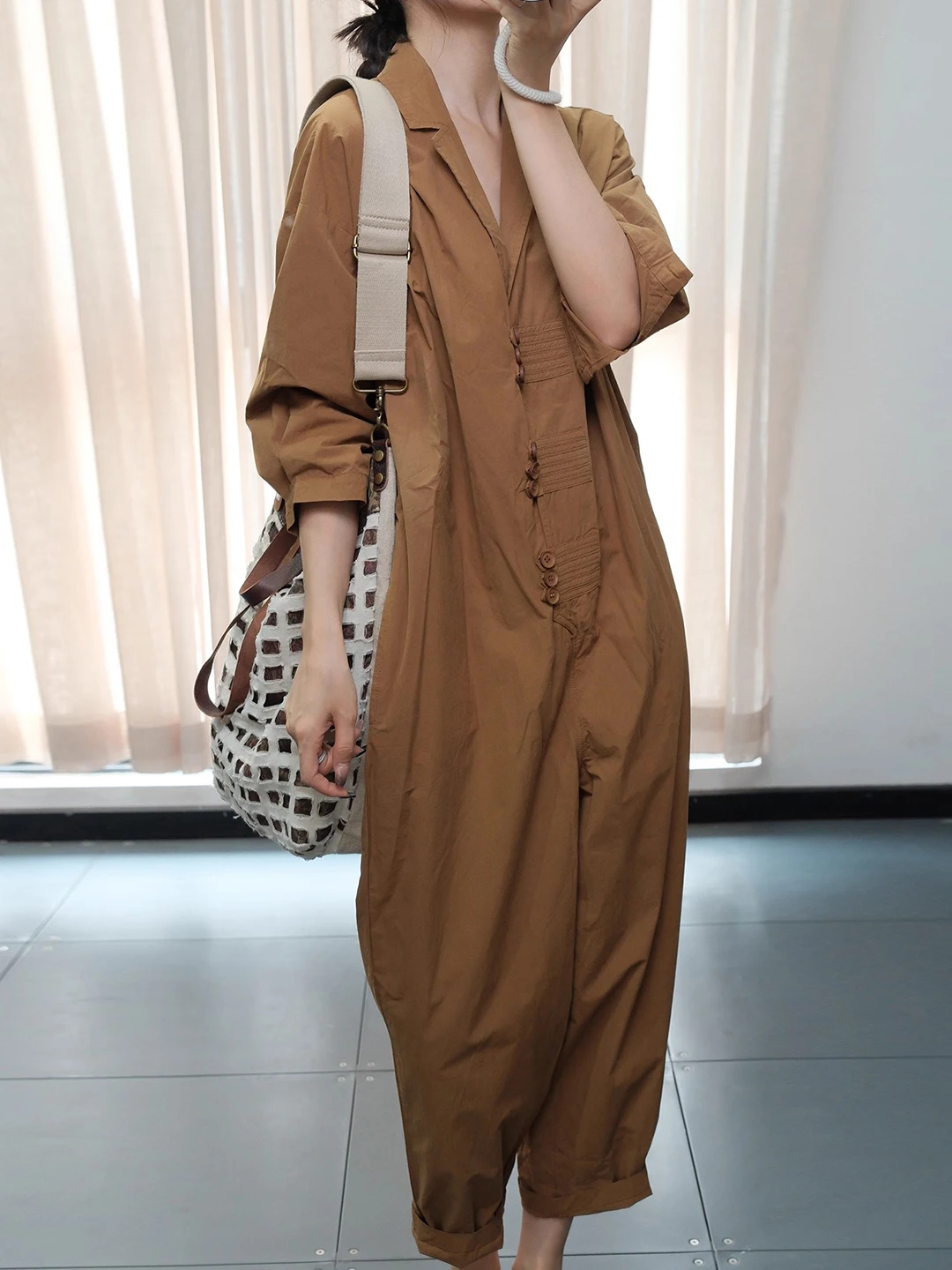 

Summer New Sle Loose Cotton Overall Pants Korean Version Artistic Color Creative Button Splicing Casual Comfortable V...