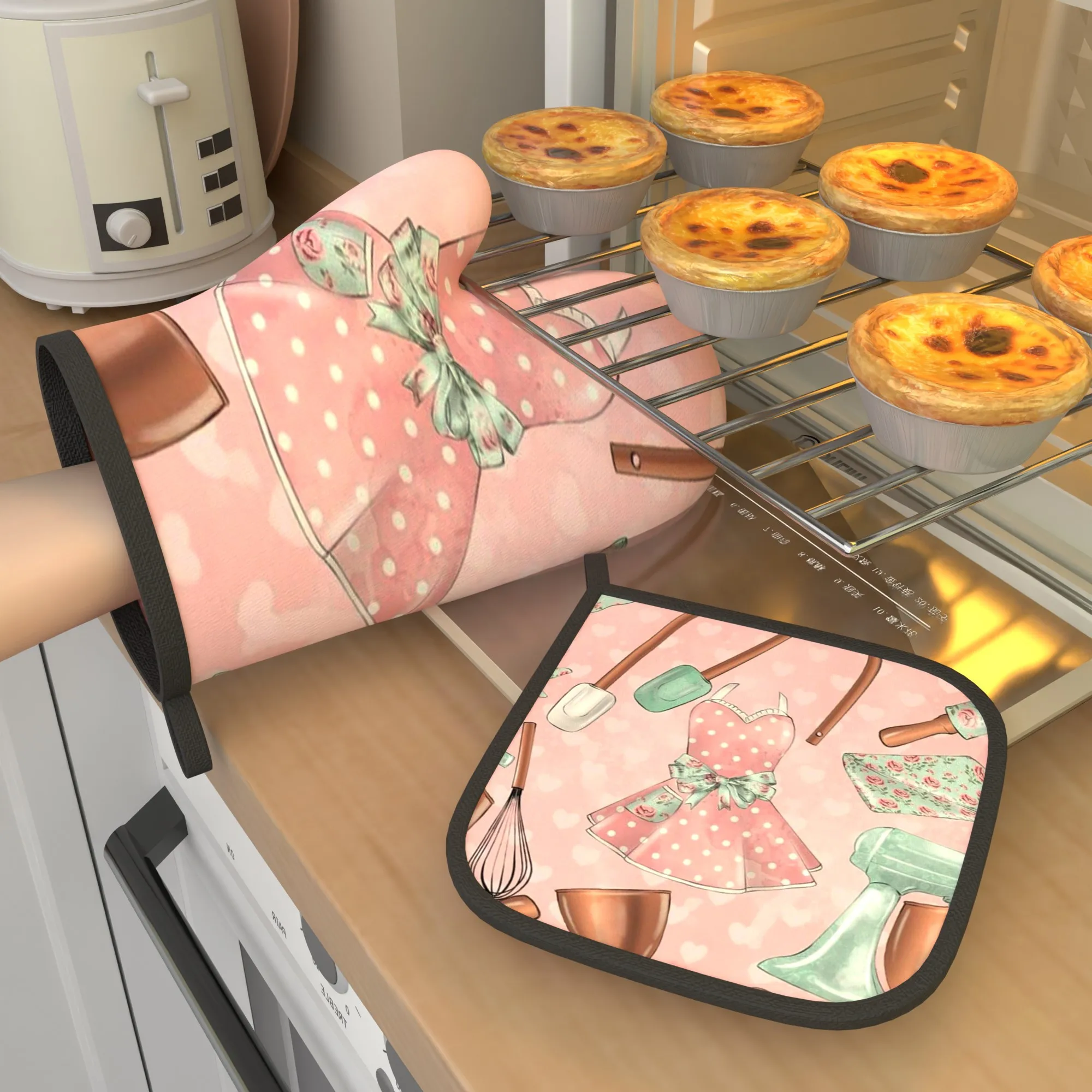 Pink Apron Kitchen Illustration Oven Mitts and Pot Holders Set 2pcs Heat Resistant for Cooking Baking