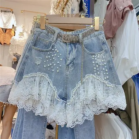 Personality Hole Beaded Spring and Summer Women's High Waist Denim Shorts Stiching Lace