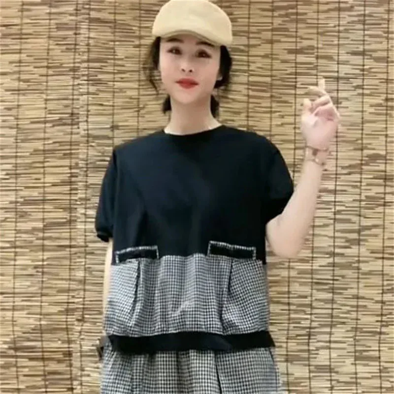 2024 Summer Female New Korean Fashion Splicing Checker Set Damski dwuczęściowy zestaw z bawełny i lnu Harun Pants