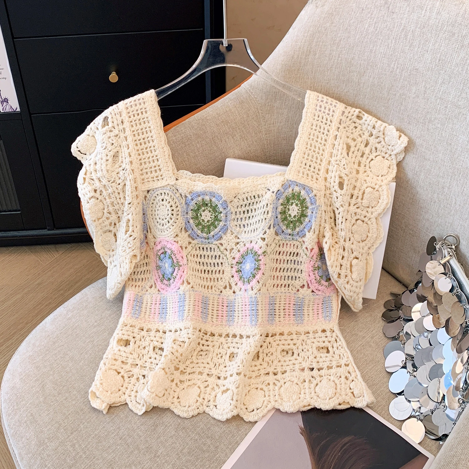 Granny Square Top Crochet Knit Sheer Embroidery Lace Square Neck Blouse Summer Women Teengirl Fairycore Cottagecore Outfit