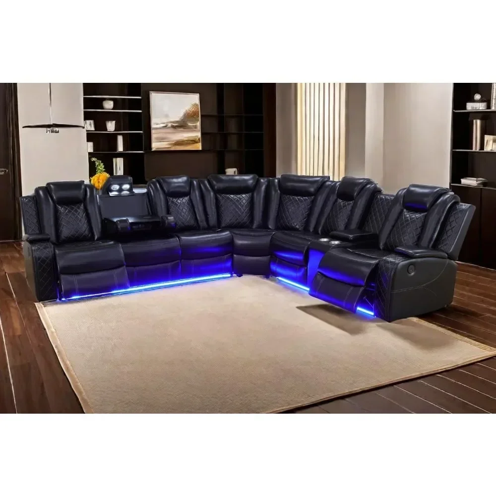 Power Recliner Set, Leather Sectional Sofa Set for Living Room,with LED Lights,Cup Holder, Hide-Away Storage Home Theater sofa