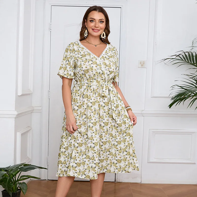 

plus Size Floral Lace Print V-Ne Dr Spring High Waist Thiened Polyester Fabric Women's plus Size Spring Summer Dres