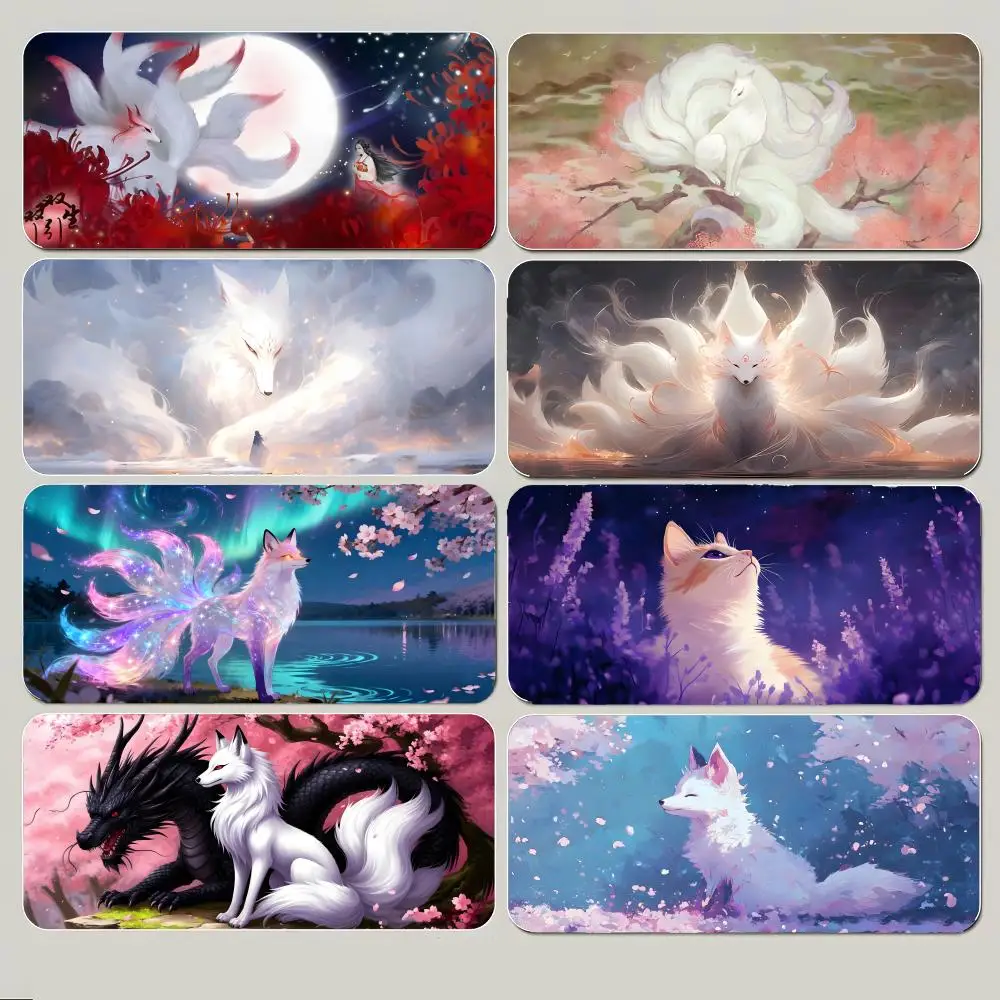 Casual Mystical Elegant White Fox Cartoon Mouse Pad Large Gaming Mousepad with Thick Stitched Edge Non-Slip Desk Mat