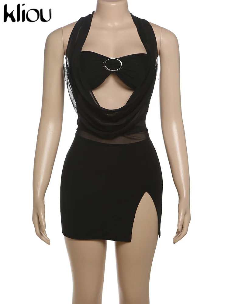 kliou Halter Swinging Neck Women Mini Dress Solid Sexy Hot Backless Bandage Cleavage Hollow Slim Vestido Mujer Nighout Partywear