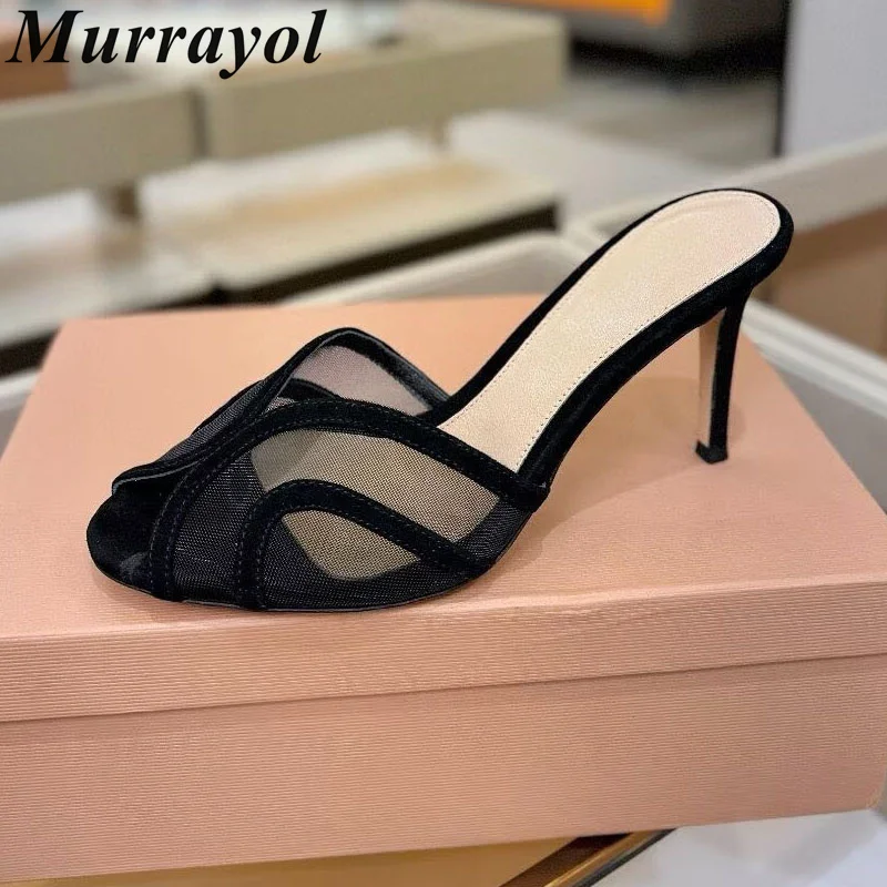 Thin High Heels Women Mesh Gauze Peep Toe Slippers Patchwork Sandals Stiletto Summer Party Dress Sandalias Zapatos De Mujer