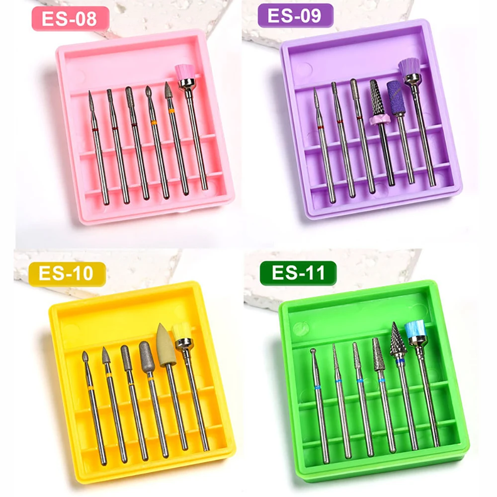 Zestaw 6 frezów do paznokci z etui, profesjonalne narzędzia do manicure i pedicure o różnych kształtach, diamentowe polerowanie, usuwanie skórek.