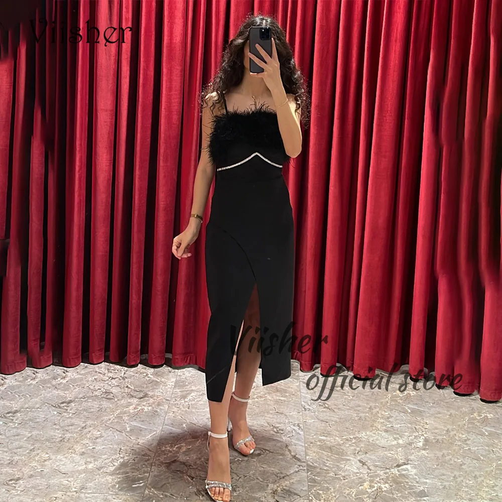 Viisher gaun malam putri duyung hitam, gaun pesta Prom Satin Mono tanpa tali bulu belah, gaun Formal Dubai Arab