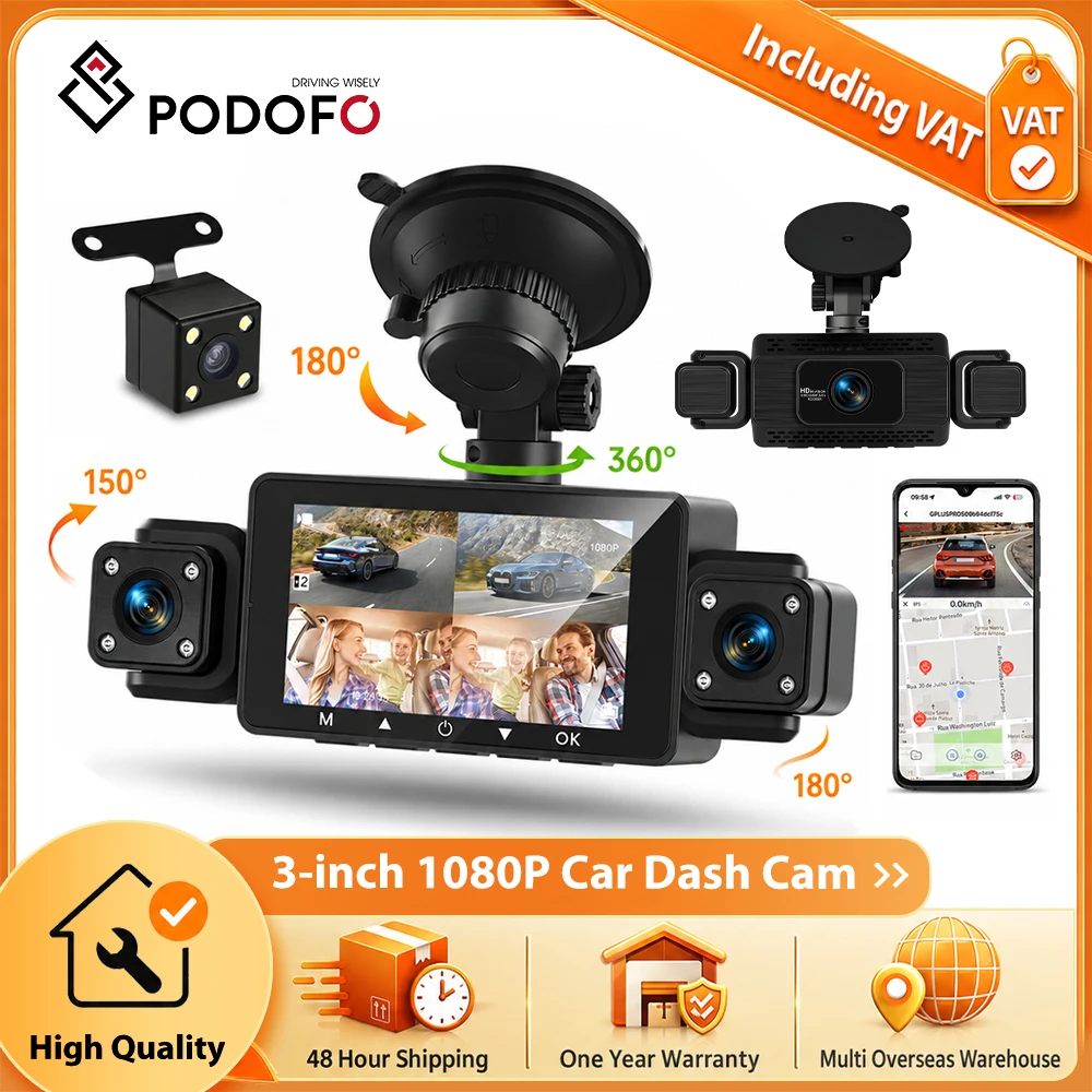 Podofo Dash Cam per auto con quattro obiettivi, WiFi, visione notturna, registrazione in loop, registratore di guida, accessori per assistenza al parcheggio, supporto sensore di gravità,