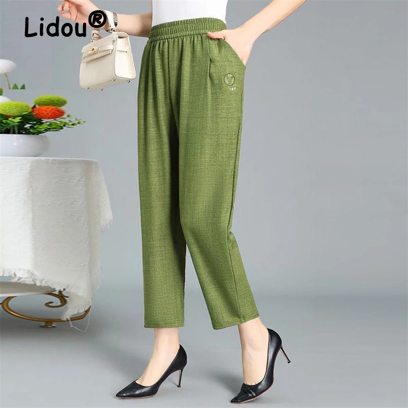 Middle Aged Elderly Women's Clothing Summer Fashion Vintage Embroidery Ankle Length Harem Pants Ladies High Waist Loose Trousers