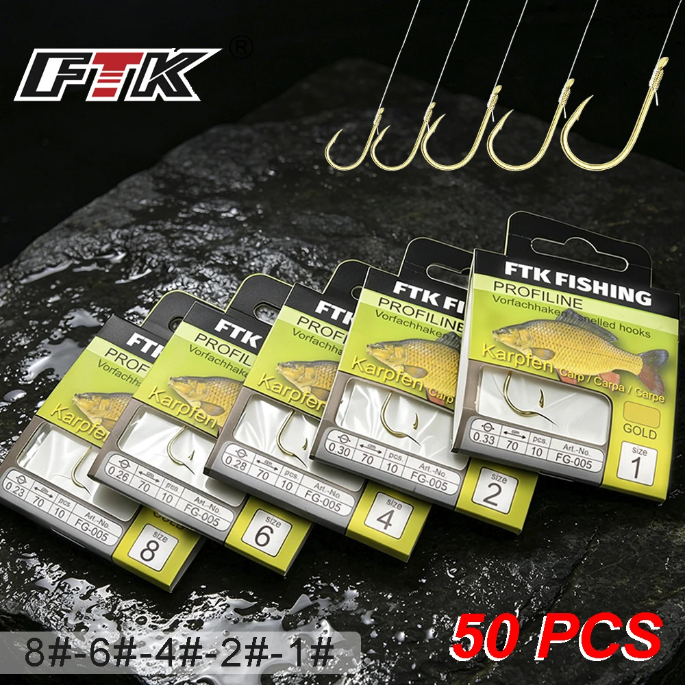 FTK 50 Stück Karpfenangelhaken mit Schnur 1 # ‑8 #   Goldfarbener Widerhaken-Angelhaken 70cm, vorgebundener Rig-Haken für Süßwasser-Karpfenangeln