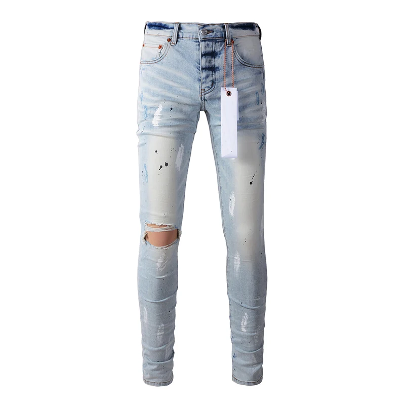 

American Style Men's Light Indigo Streetwear Distressed Skinny Splash Paints Holes Button Fly Ripped Jeans Pants