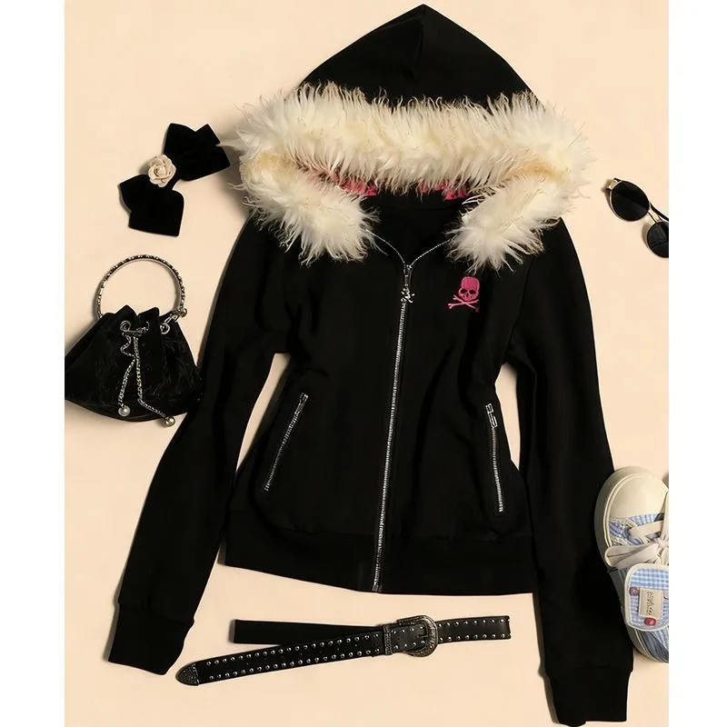 

Tops Jackets Sweatshirts Cardigans Women's Autumn/Winter Japanese Style Black Letter Print Hooded Zip-Up New Fashionable Casual