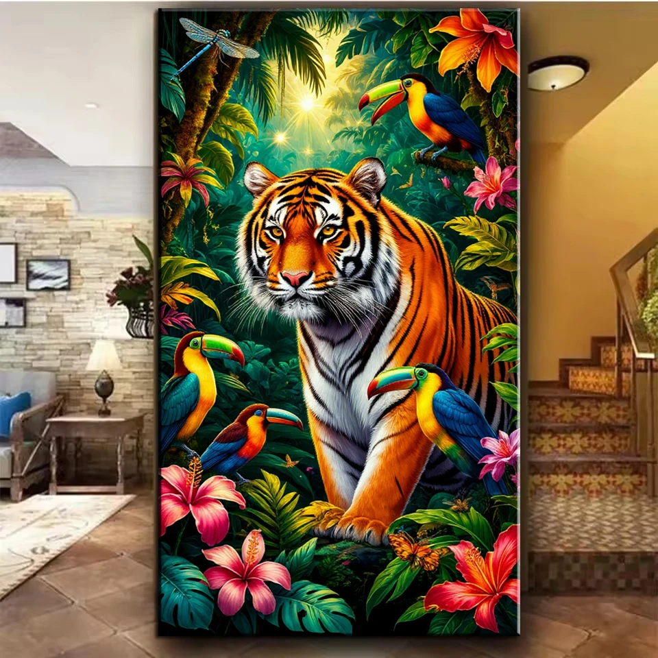 الغابة المشهد كبير كامل Diy بها بنفسك الماس اللوحة الفن جديد 2026 النمر الببغاء الحيوانات الماس الفسيفساء عبر عدة خياطة ديكور المنزل #1