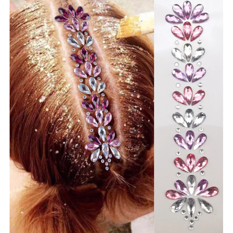 3d Haar Juwelen Glitzer Gesicht Körper Edelsteine Strass Festival glänzende Kristall Stirn Kopf bedeckung Aufkleber temporäre Tattoo Aufkleber heiß